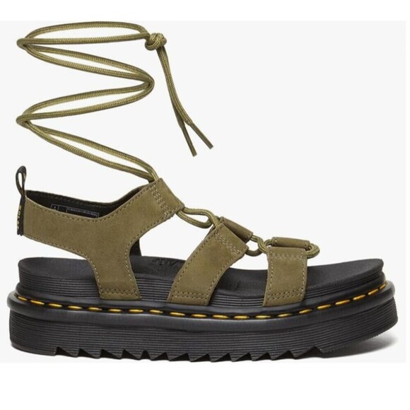 Dr Martens Sandals Women 7 Green Nartilla Leather Lace Up Platform Gladiator NEW - Picture 1 of 12